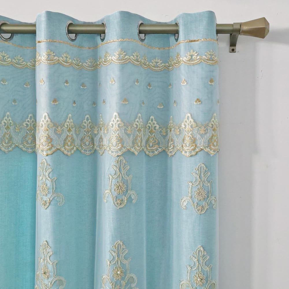 Blue Floral Embroidered Curtains
