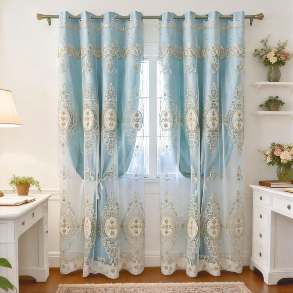Blue Floral Embroidered Curtains
