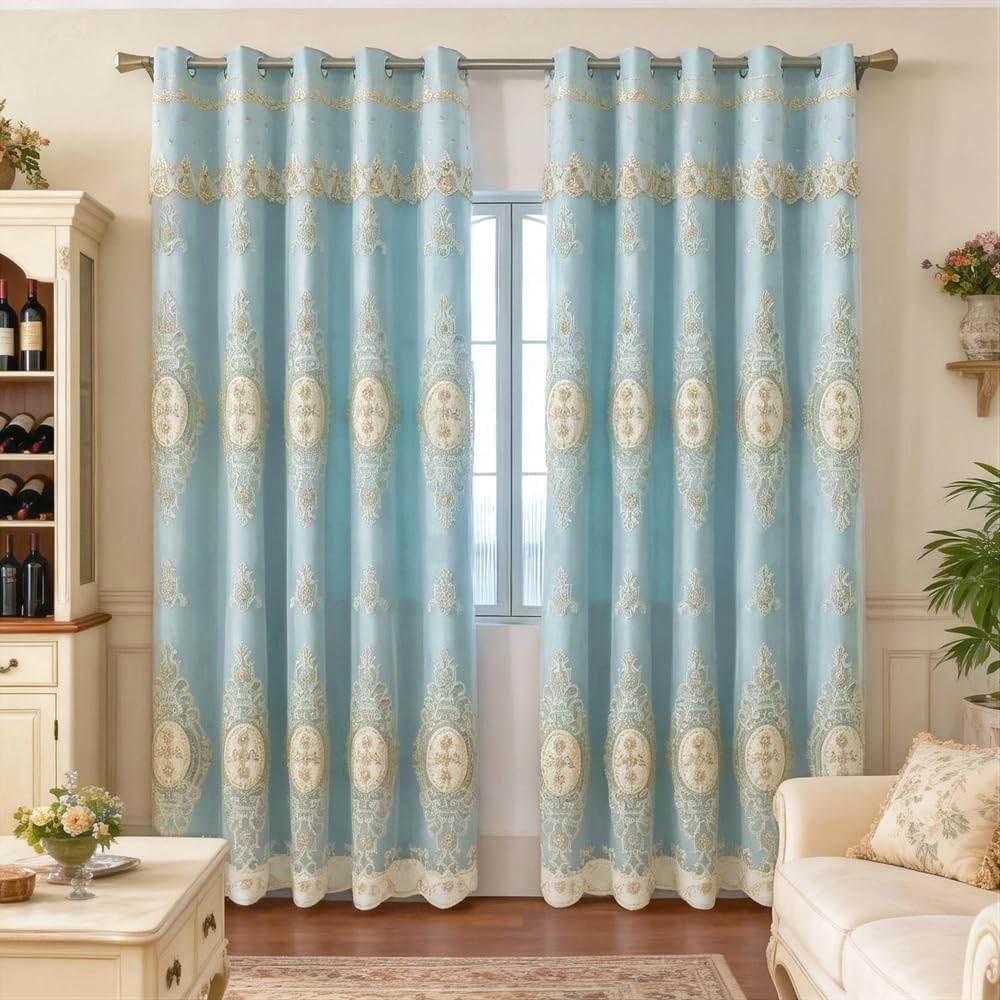 Blue Floral Embroidered Curtains