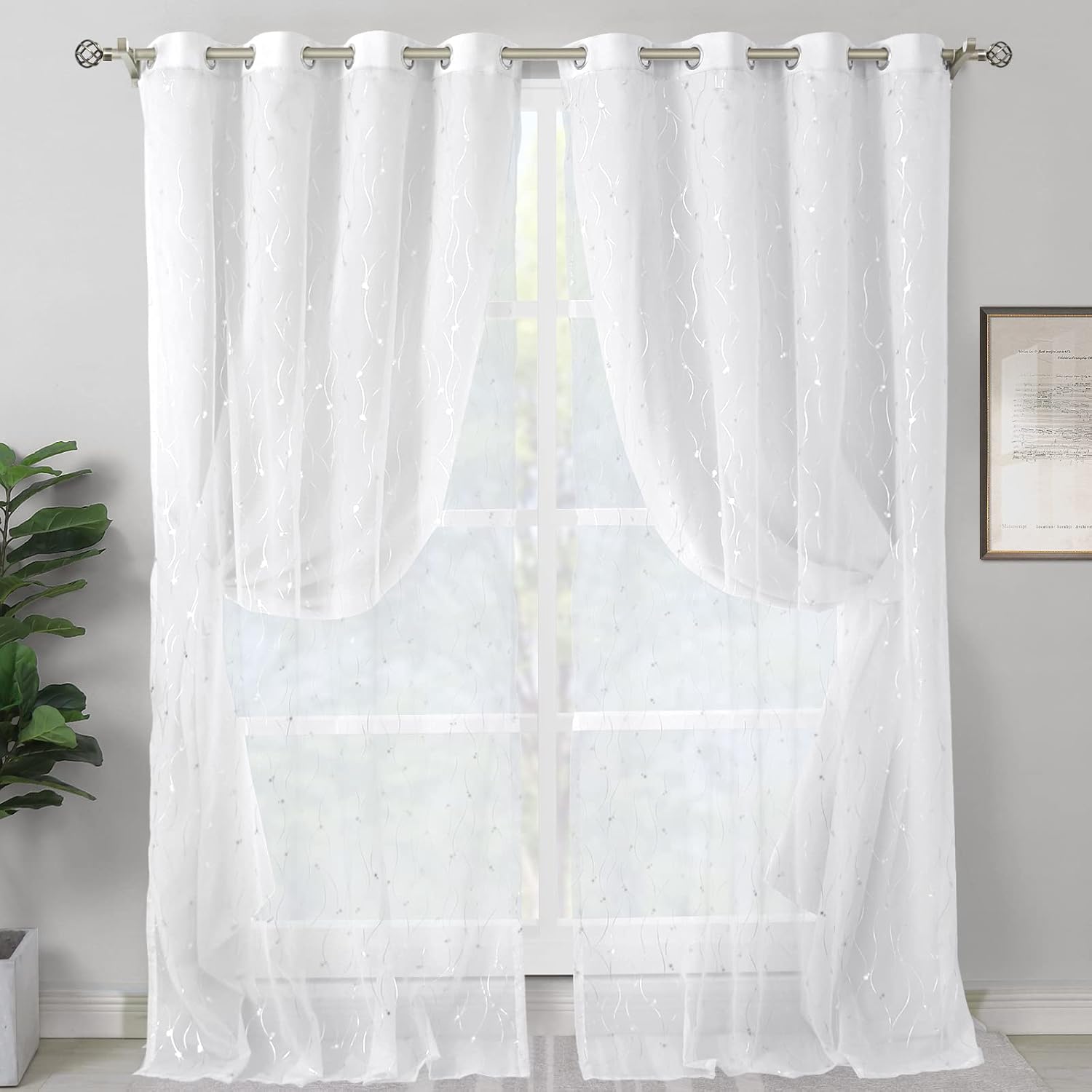 White Printed Double Layer Curtains