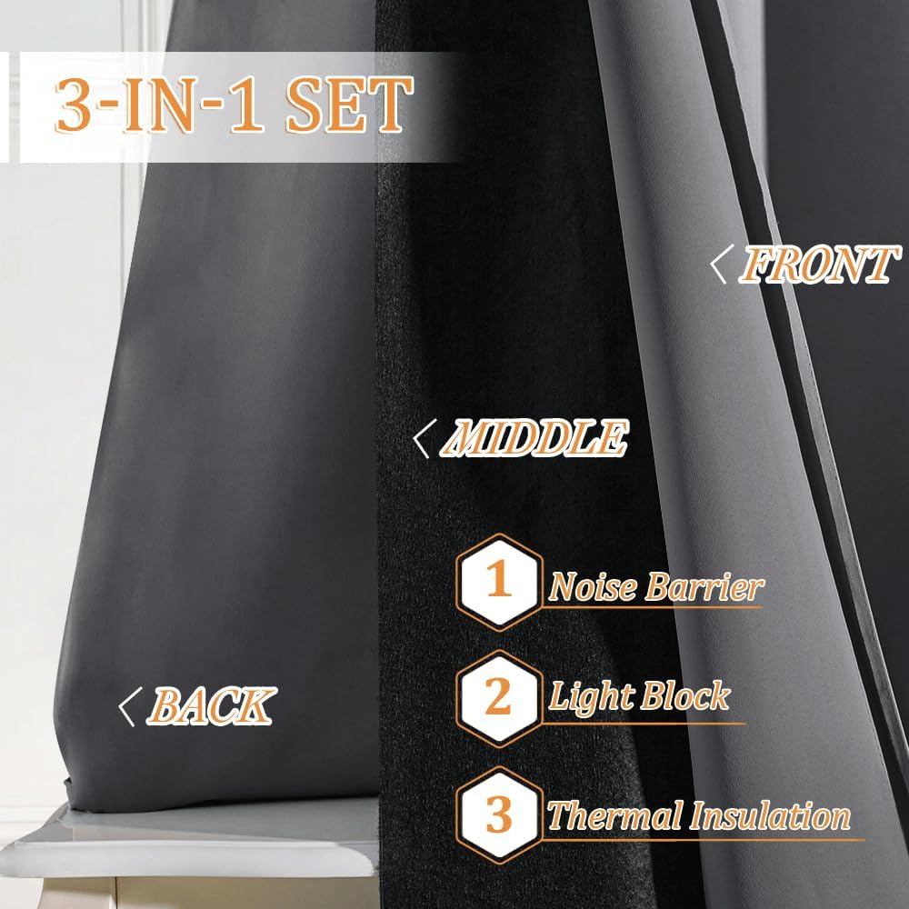 Gray Three-Layer Soundproof Blackout Curtains