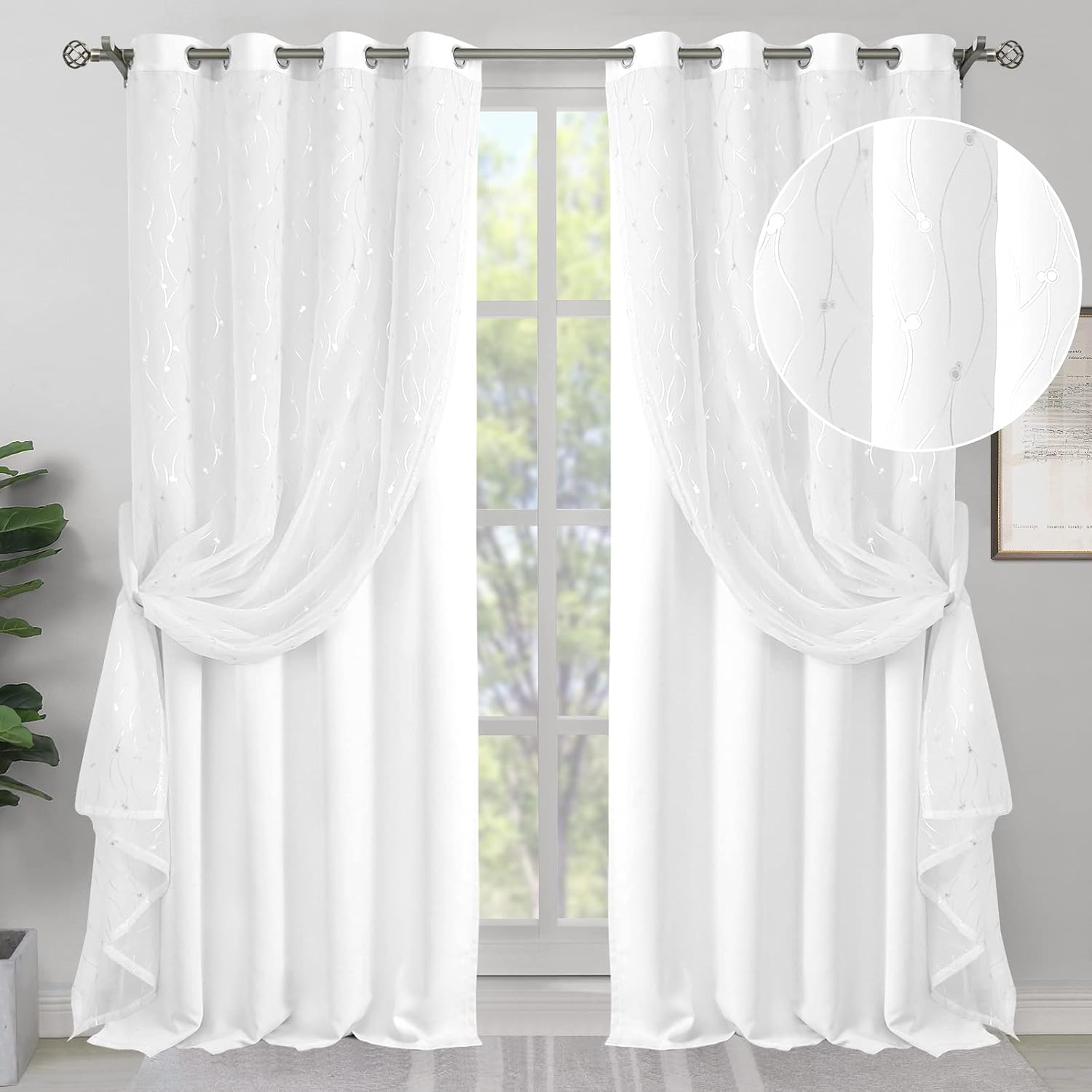 White Printed Double Layer Curtains