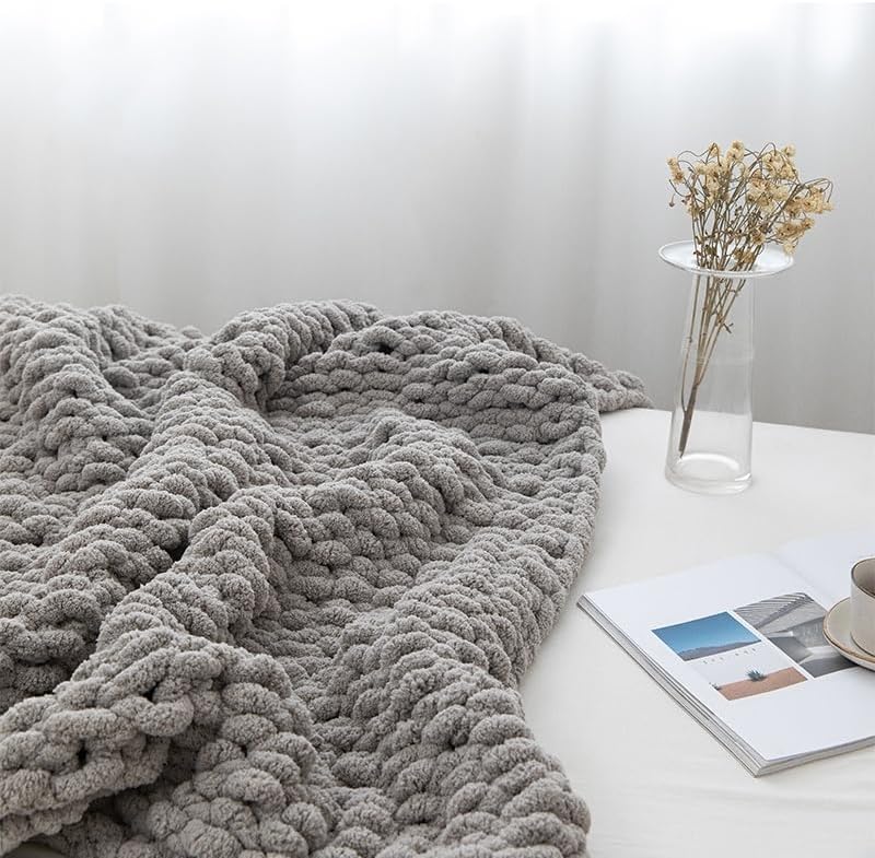 Gray Jumbo Chenille Knit Throw Blanket