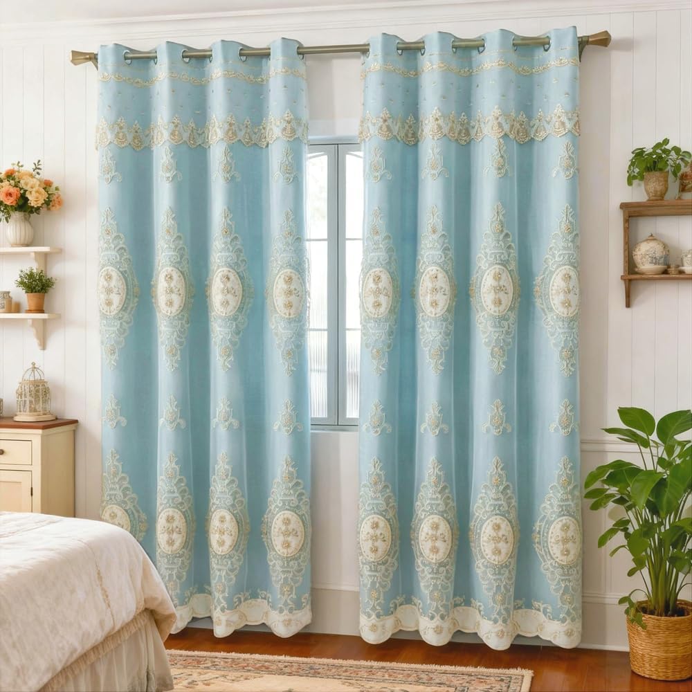 Blue Floral Embroidered Curtains