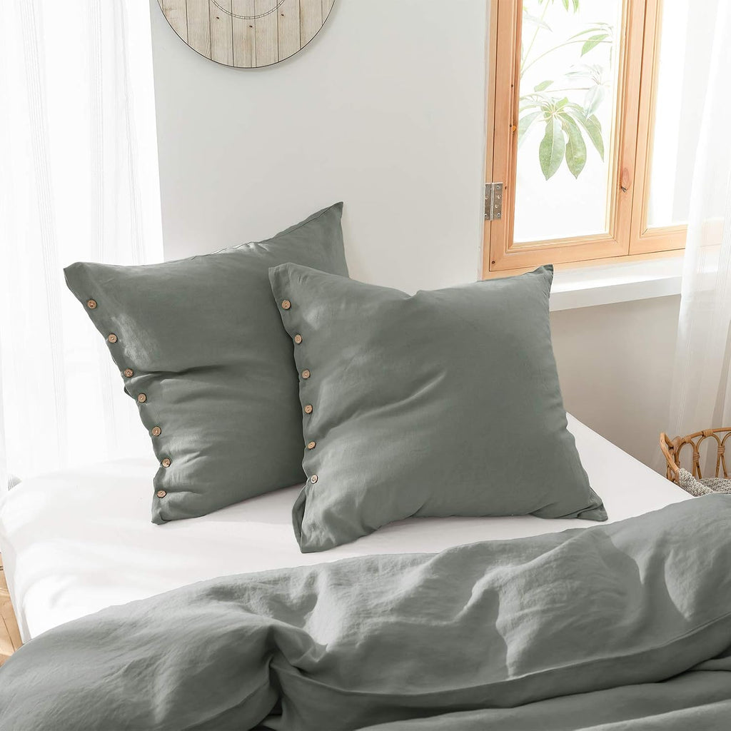 Greyish Green Button Linen Pillow Covers