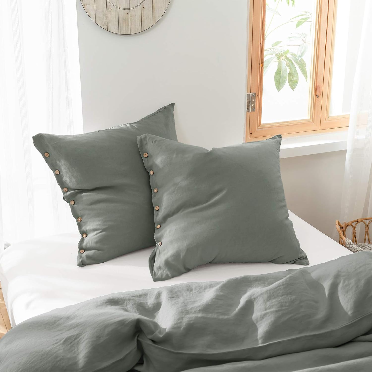 Greyish Green Button Linen Pillow Covers