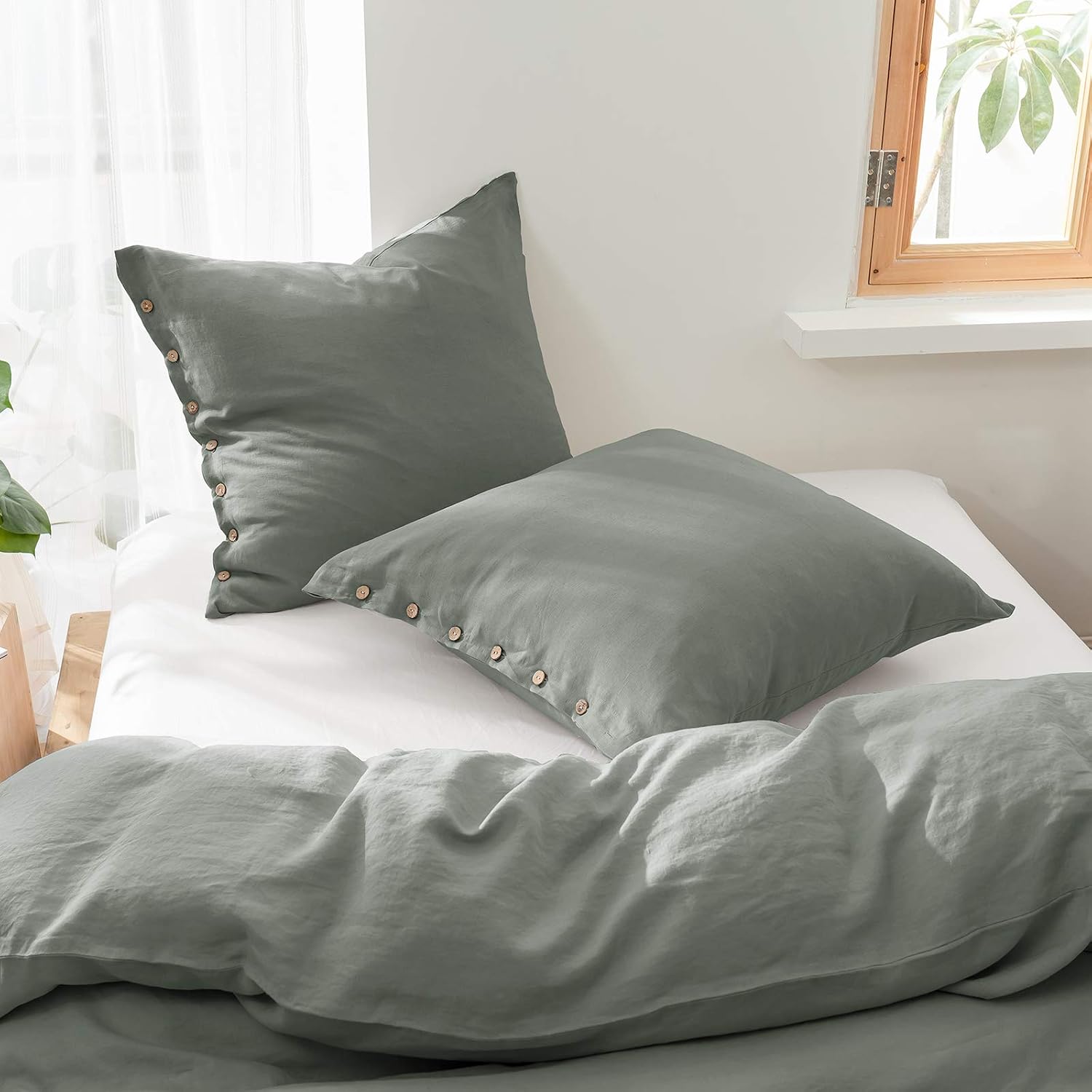 Greyish Green Button Linen Pillow Covers
