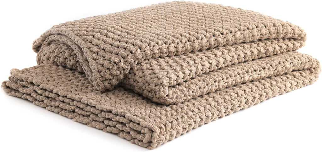 Beige Cable Knit Cotton Throw Blanket