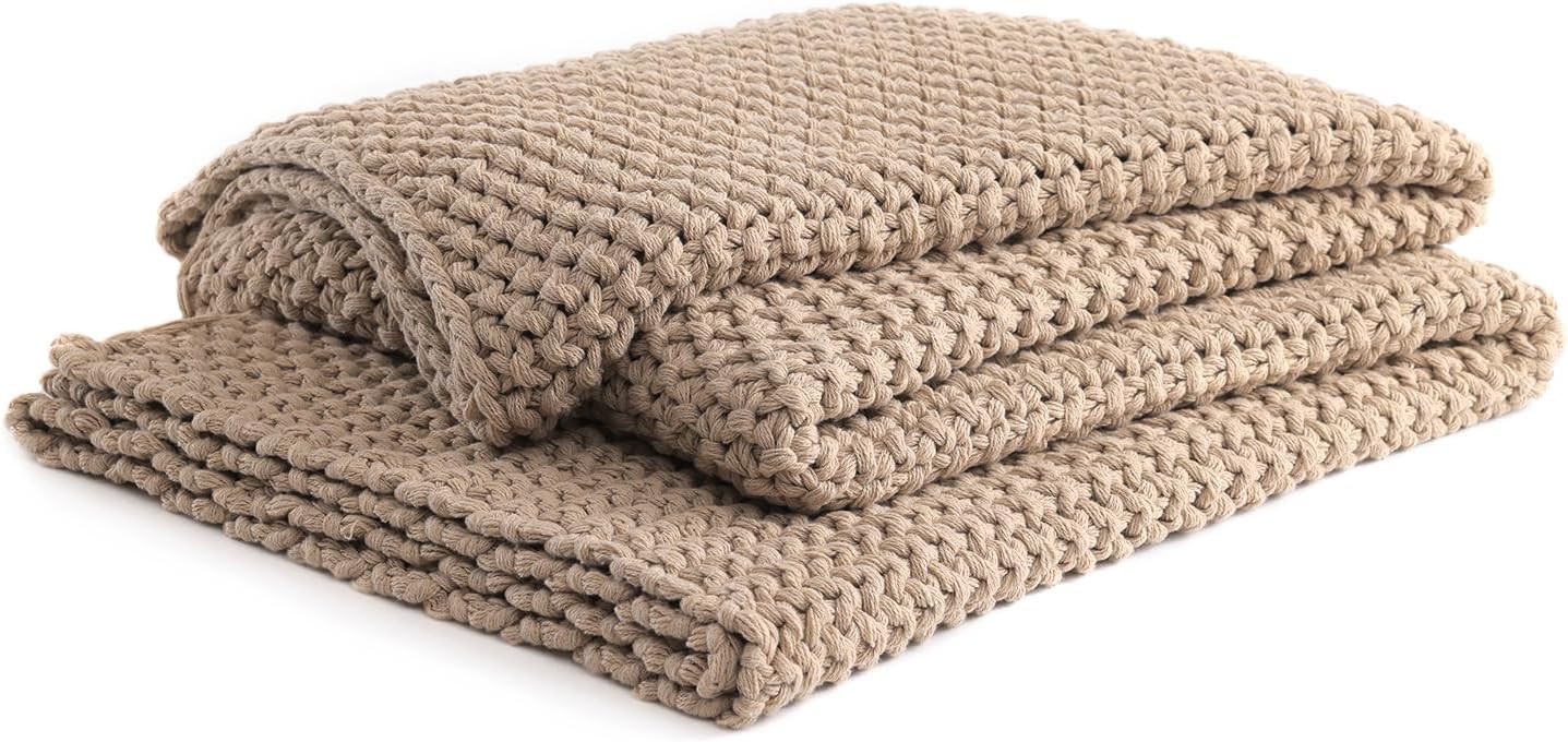 Beige Cable Knit Cotton Throw Blanket