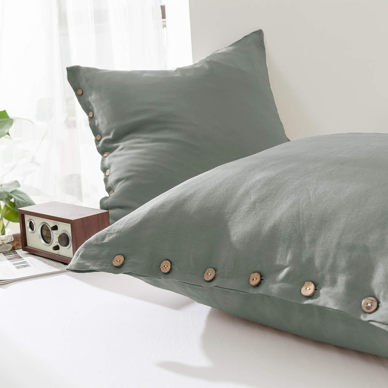 Greyish Green Button Linen Pillow Covers