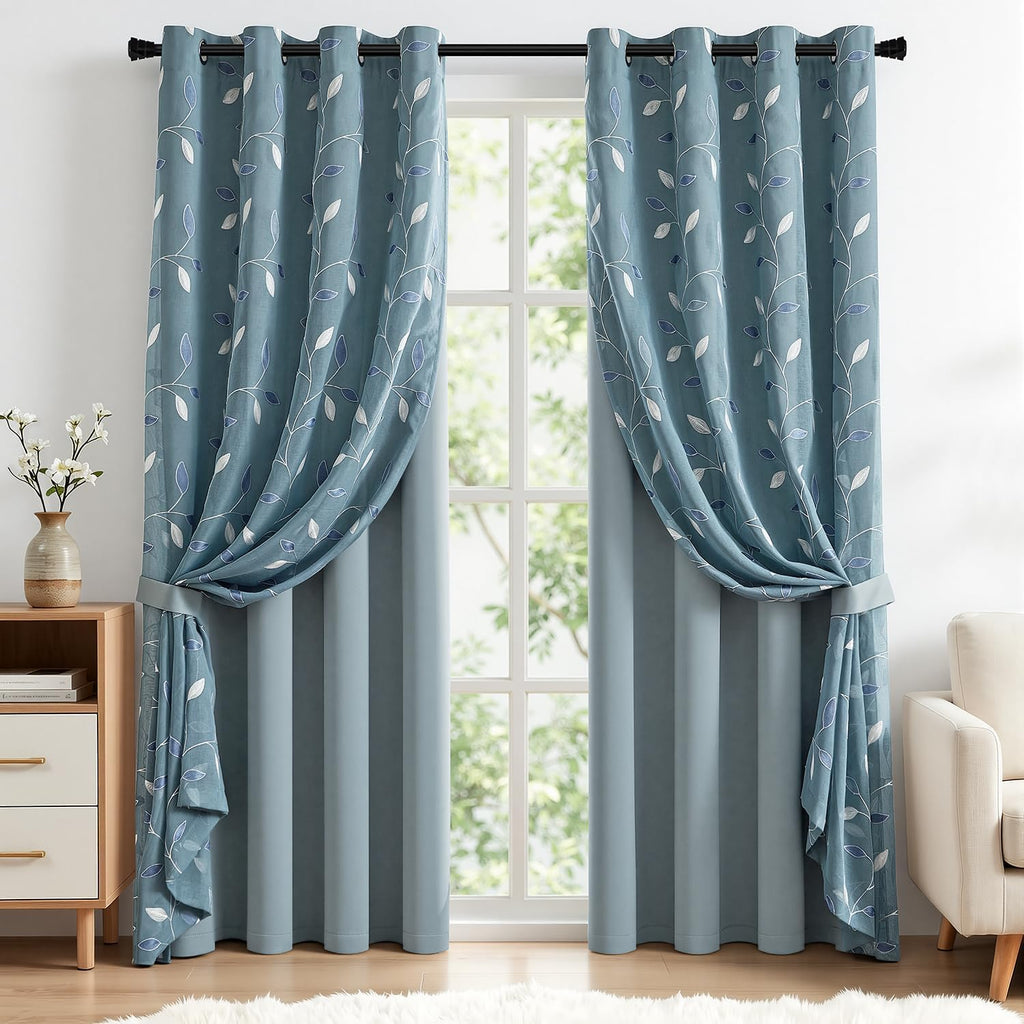Dusty Blue Floral Layer Curtains