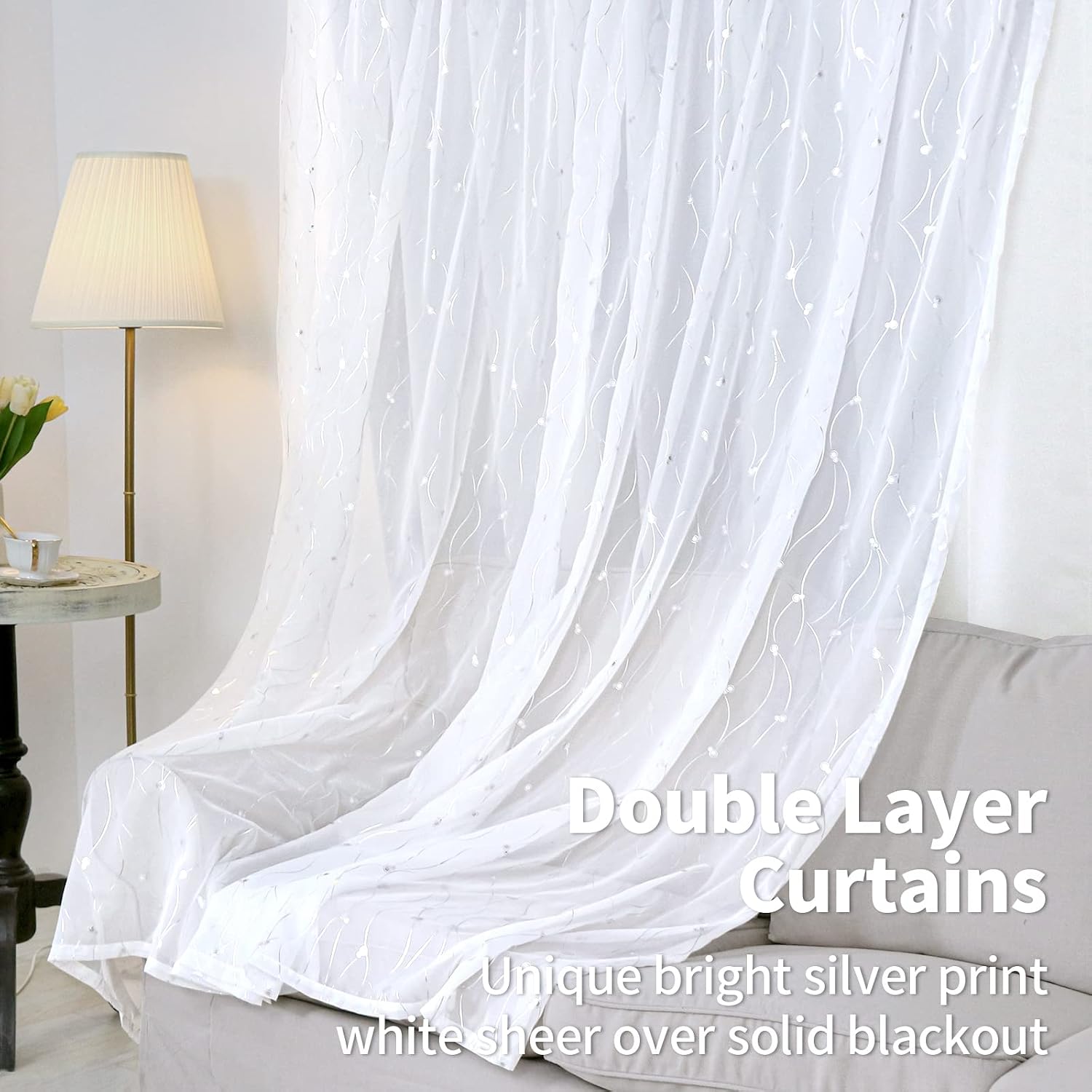 White Printed Double Layer Curtains