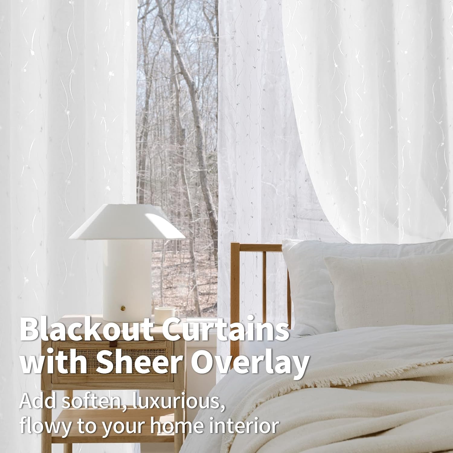 White Printed Double Layer Curtains