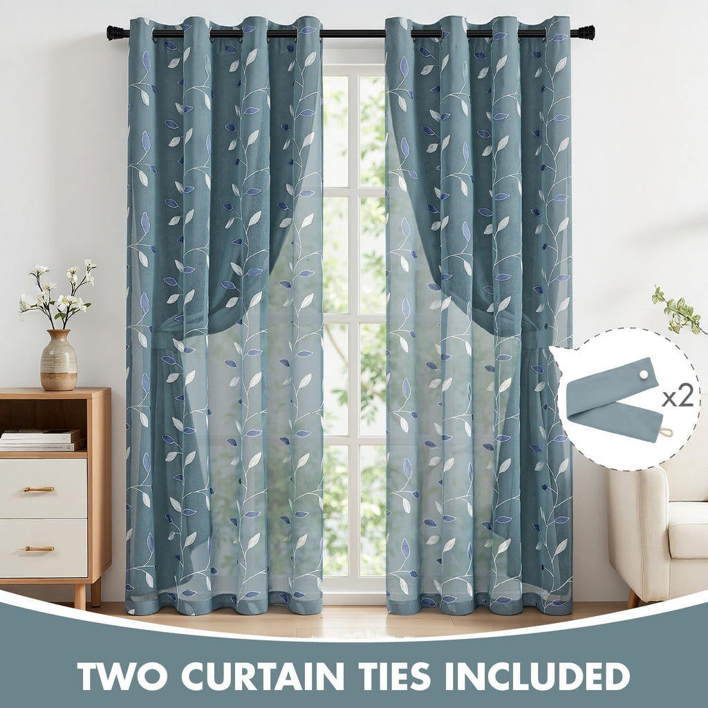 Dusty Blue Floral Layer Curtains