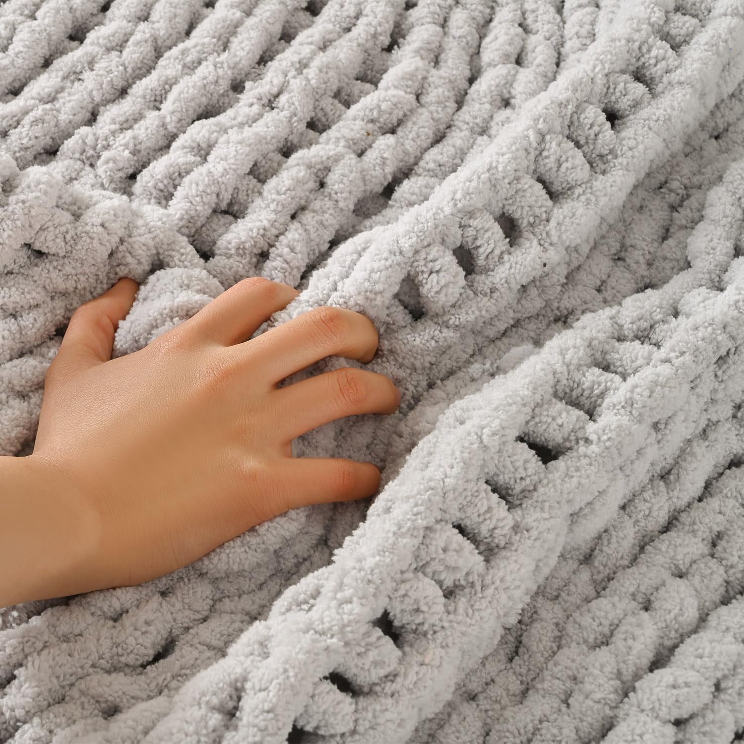 Light Gray Hand Knit Throw Blanket