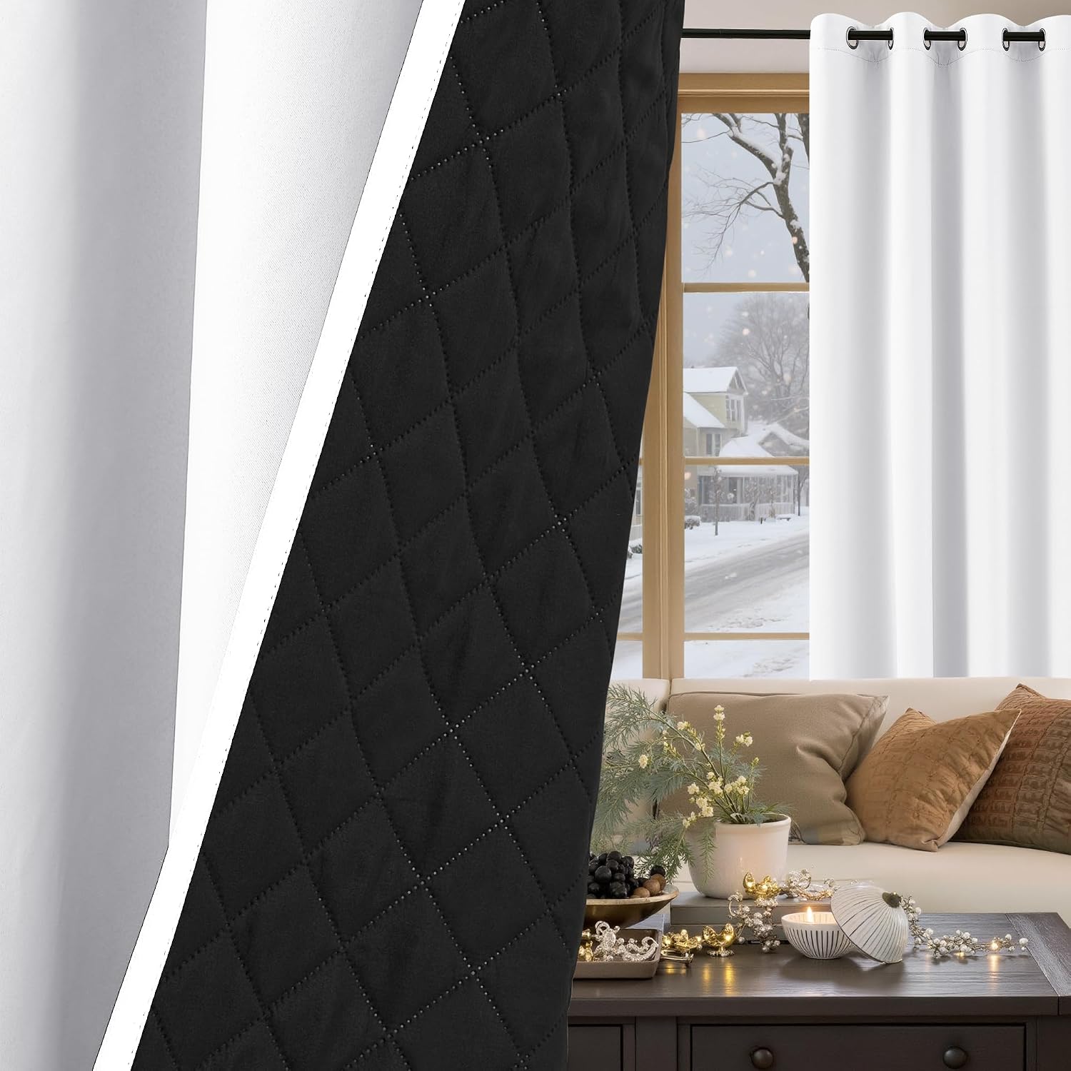 White Lined Thermal Soundproof Curtains
