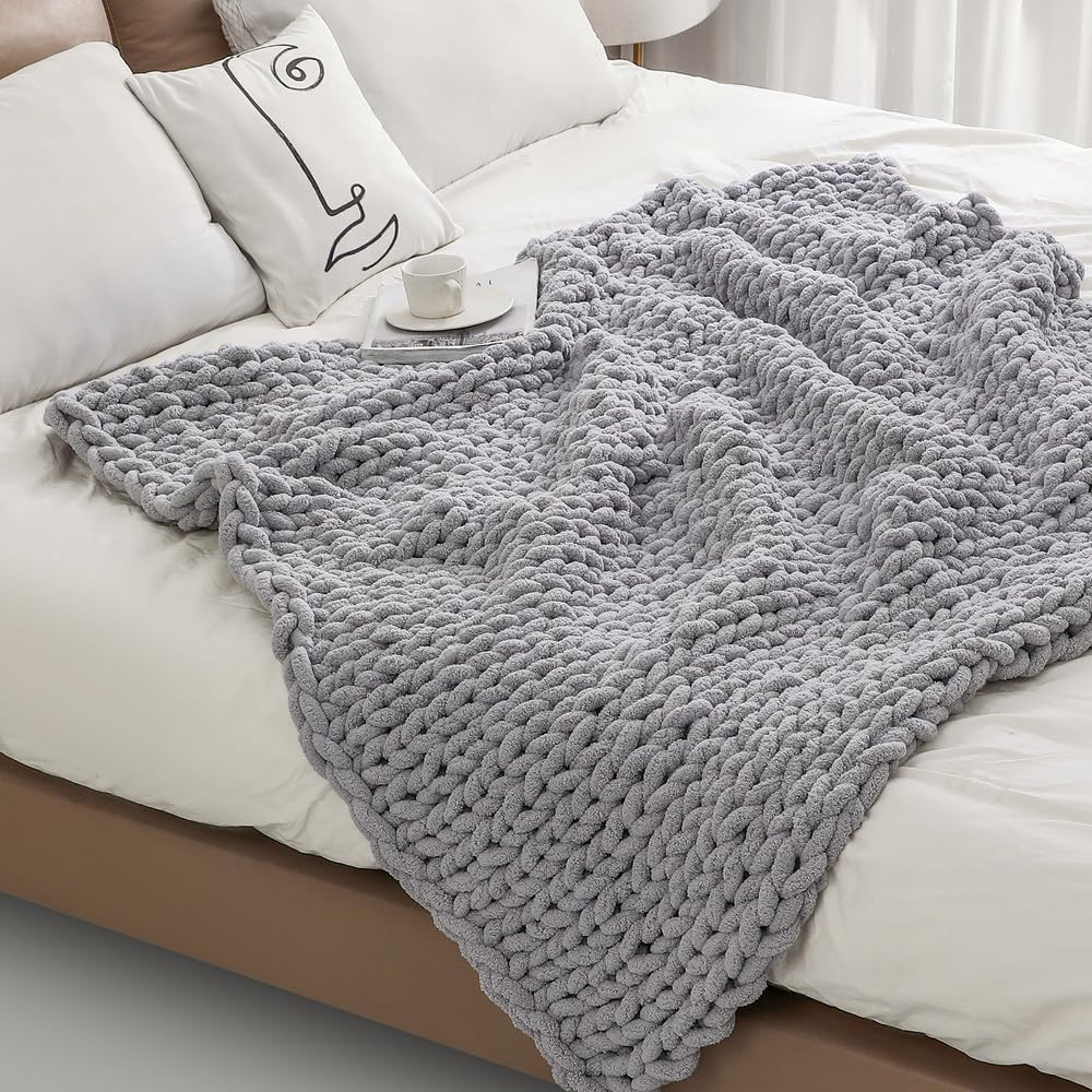Gray Jumbo Chenille Knit Throw Blanket