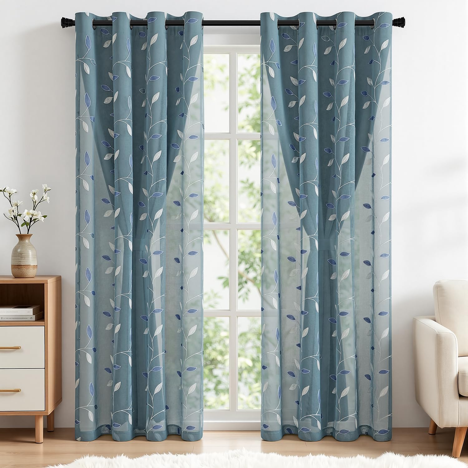 Dusty Blue Floral Layer Curtains