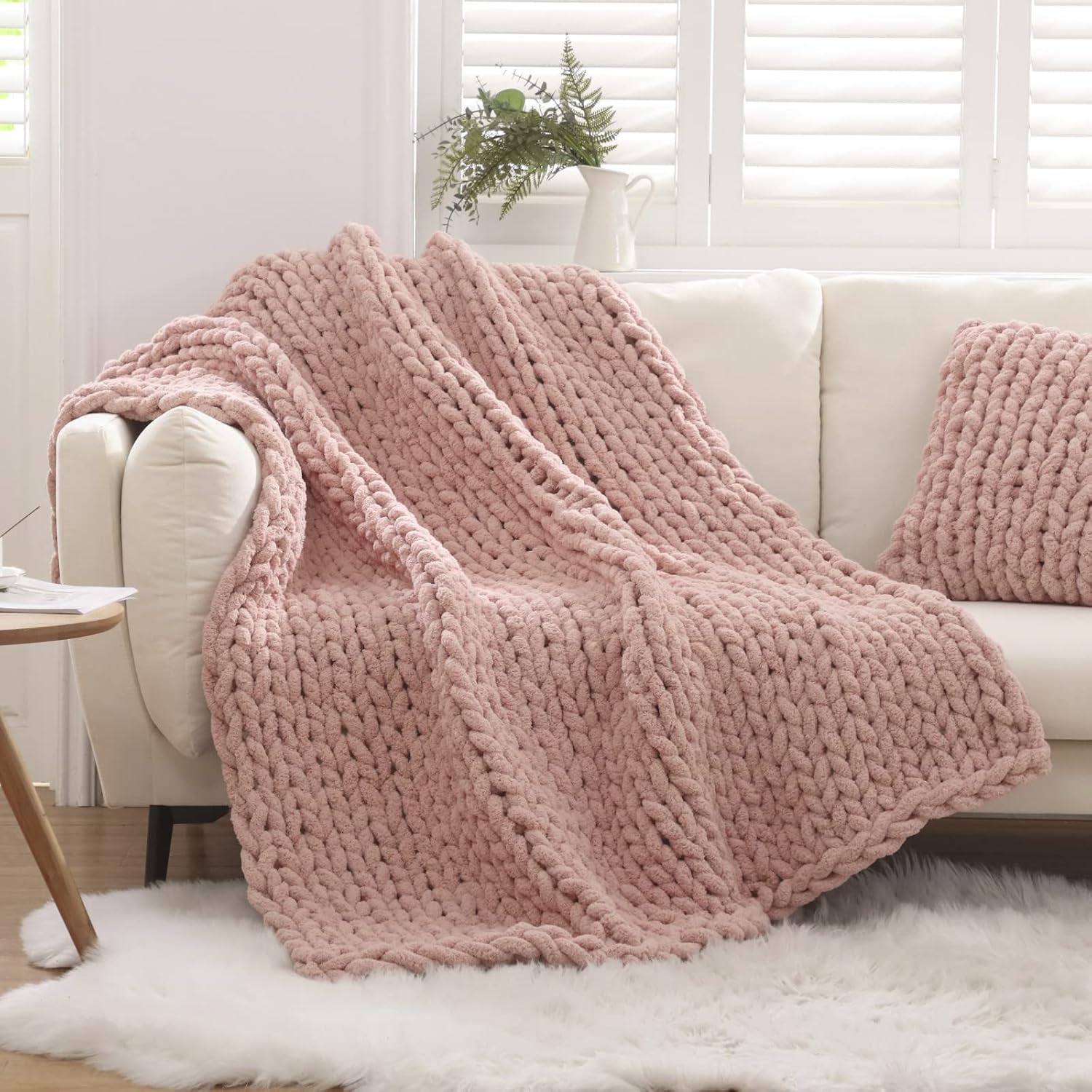 Pink Handmade Chenille Knit Blanket