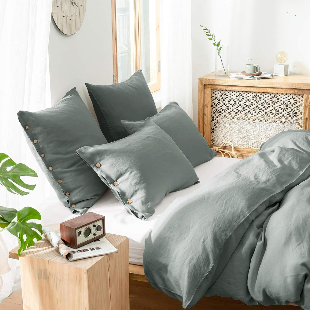 Greyish Green Button Linen Pillow Covers
