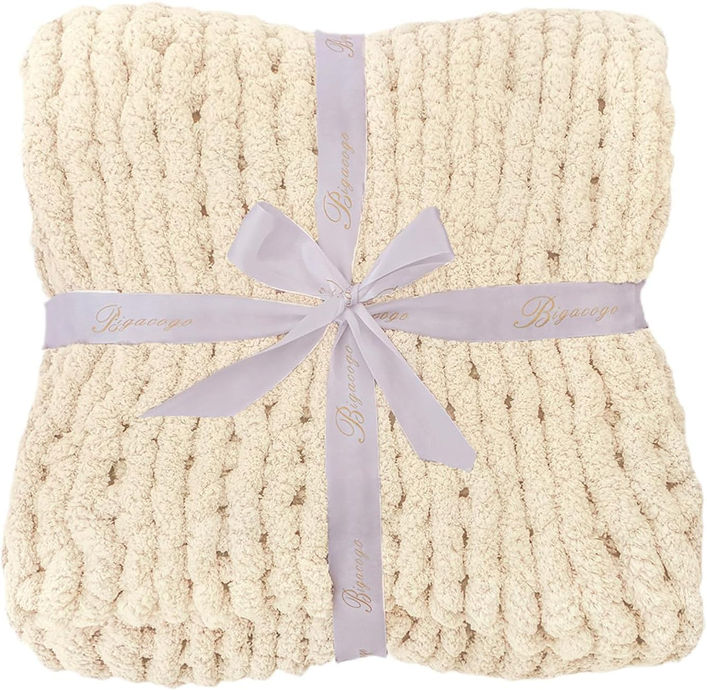 Beige Jumbo Chenille Knit Throw Blanket