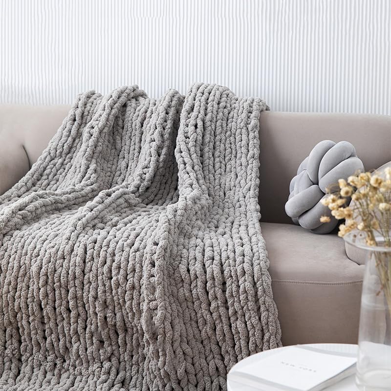Gray Jumbo Chenille Knit Throw Blanket