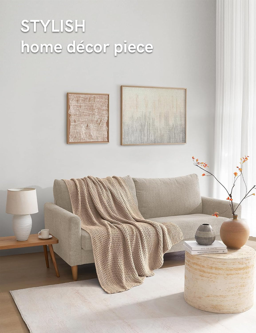 Beige Cable Knit Cotton Throw Blanket