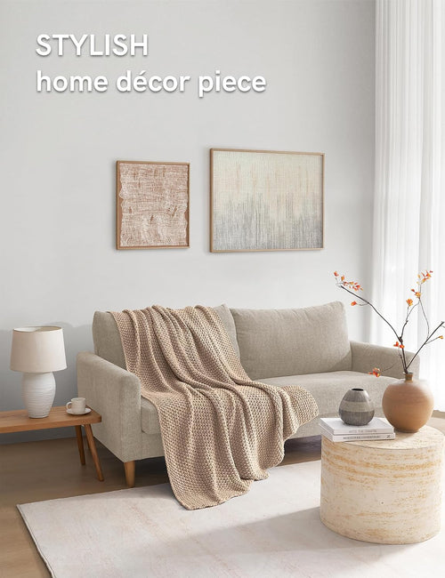 Beige Cable Knit Cotton Throw Blanket