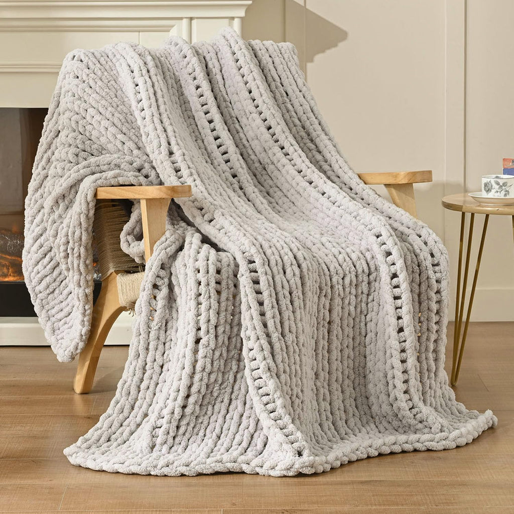 Light Gray Hand Knit Throw Blanket