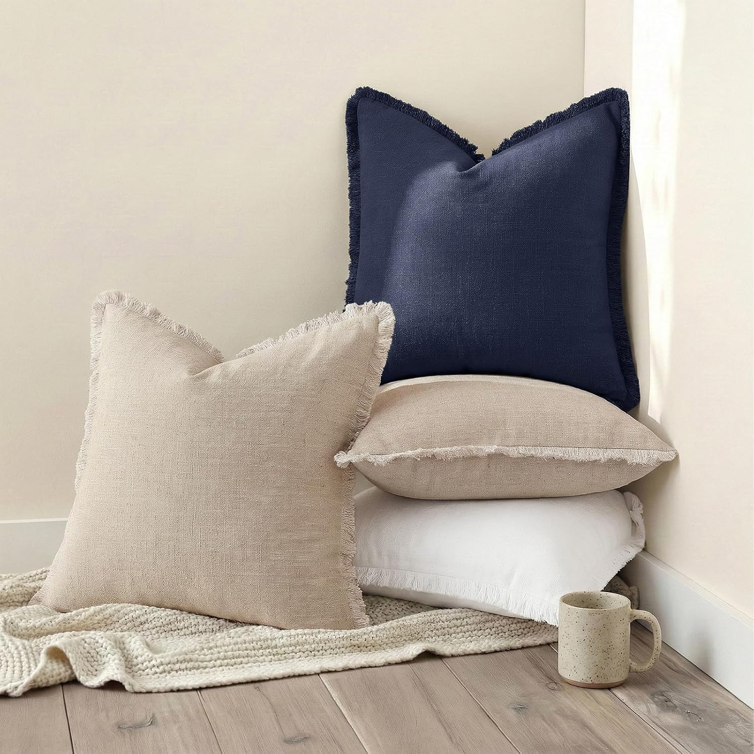 Navy Tassel Linen Pillow Covers