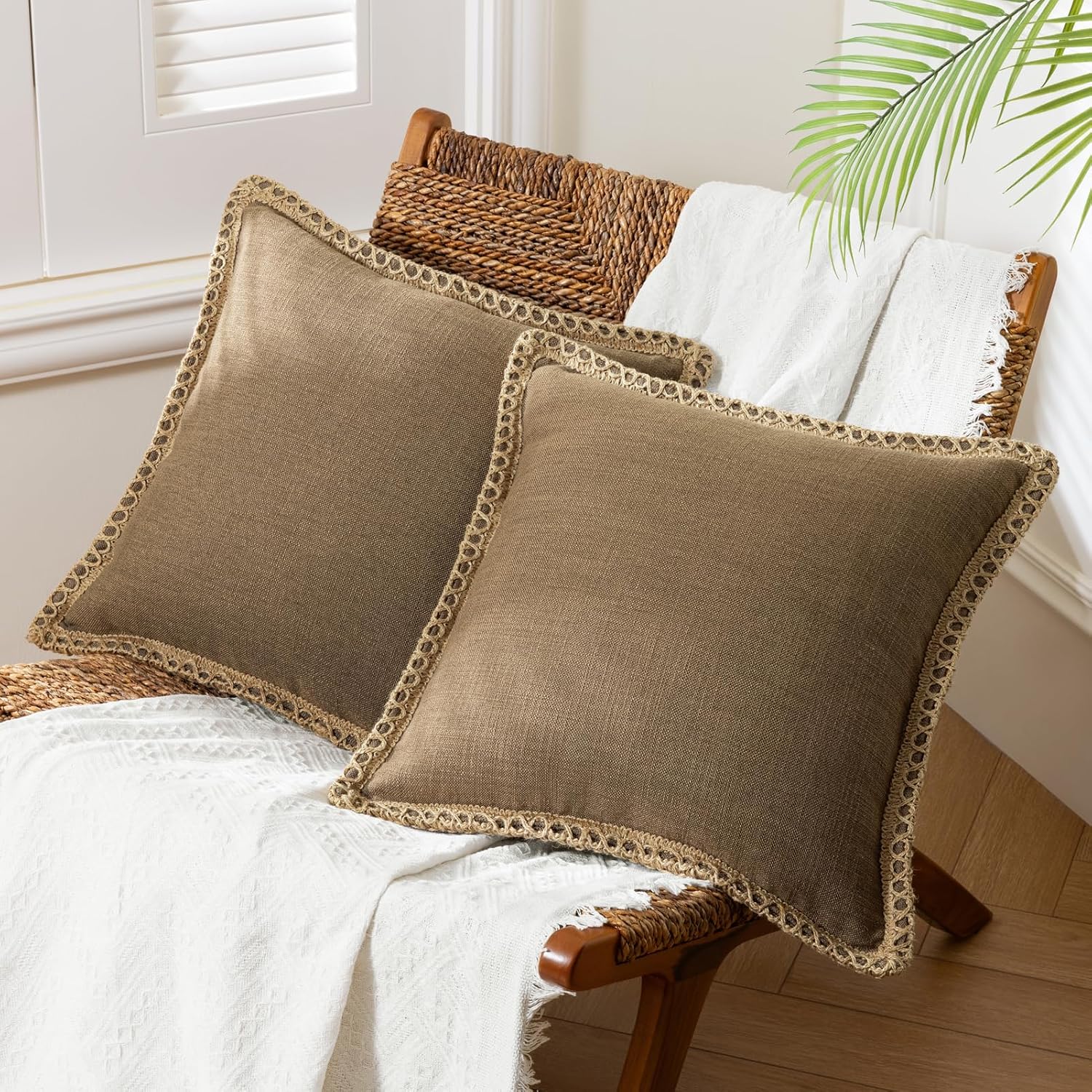Coffee Trimmed Linen Pillow Covers