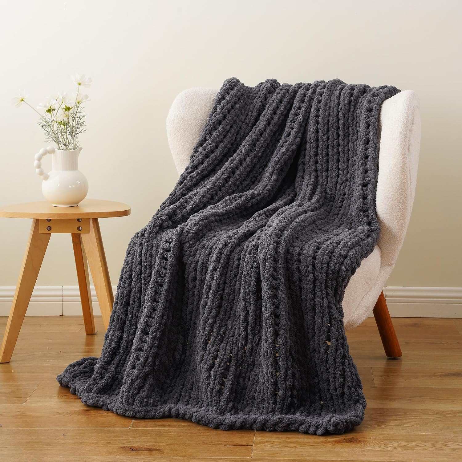 Dark Grey Handmade Knit Throw Blanket