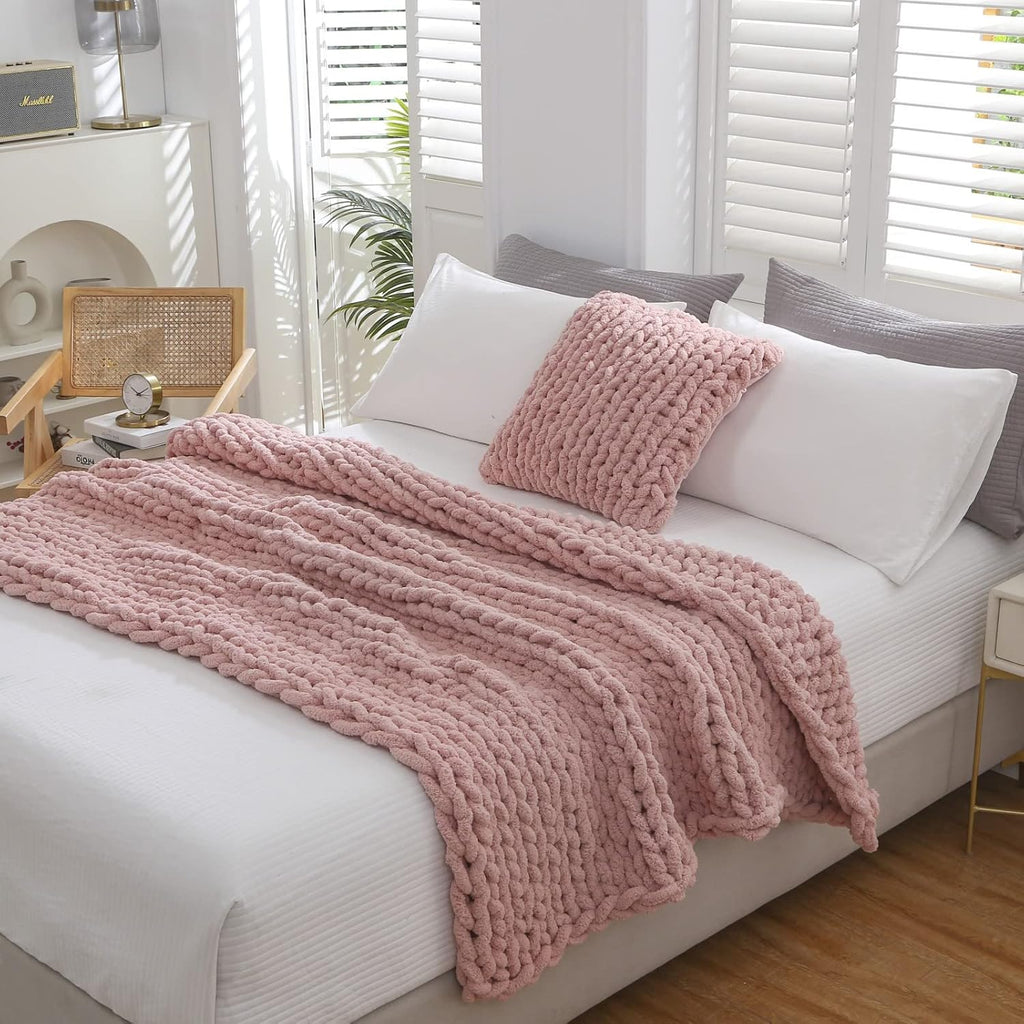 Pink Handmade Chenille Knit Blanket