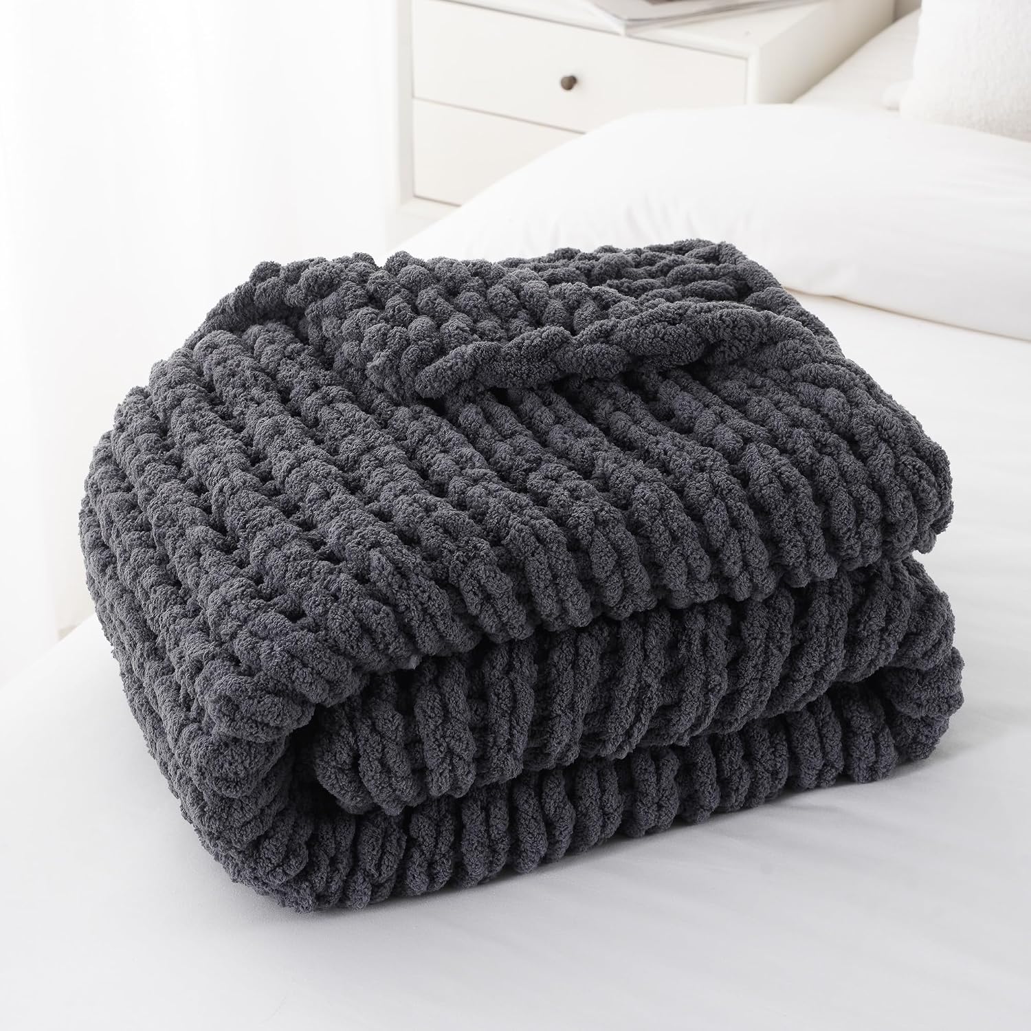 Dark Grey Handmade Knit Throw Blanket