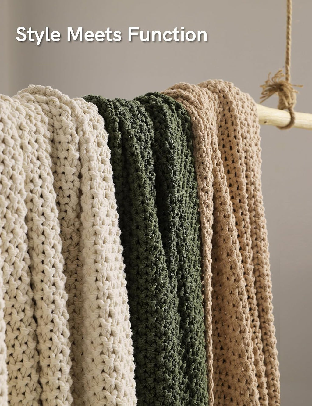 Beige Cable Knit Cotton Throw Blanket