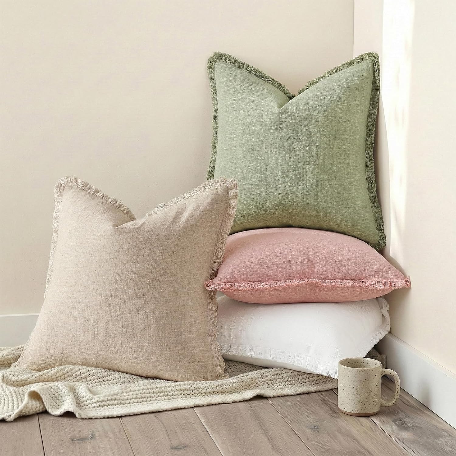 Sage Green Tassel Linen Pillow Covers