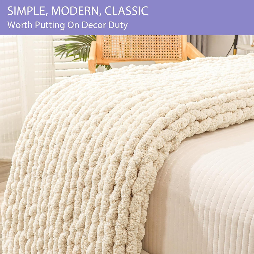 Beige Jumbo Chenille Knit Throw Blanket