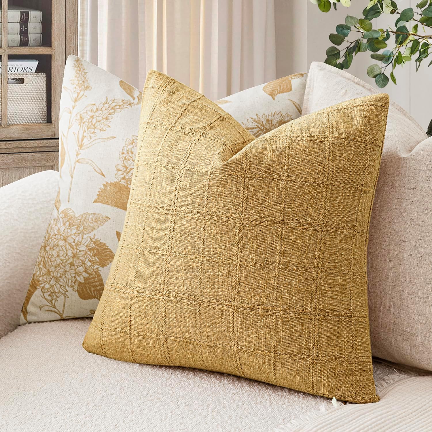 Amber Gold Check Linen Pillow Covers