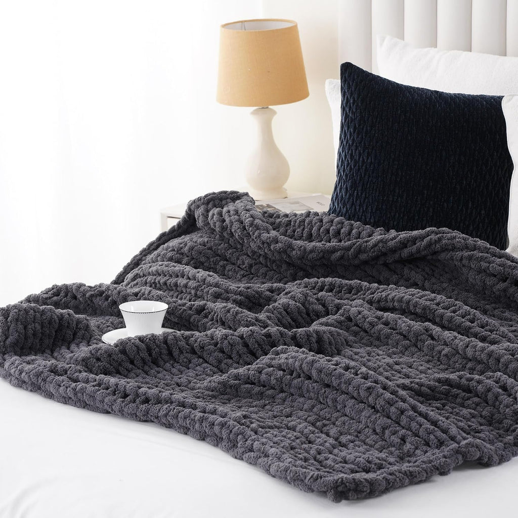 Dark Grey Handmade Knit Throw Blanket