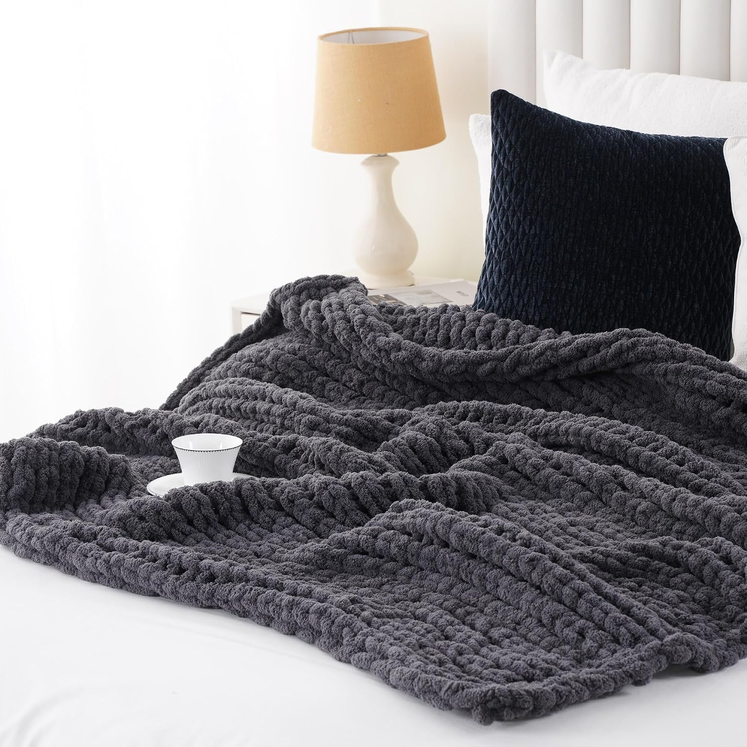 Dark Grey Handmade Knit Throw Blanket