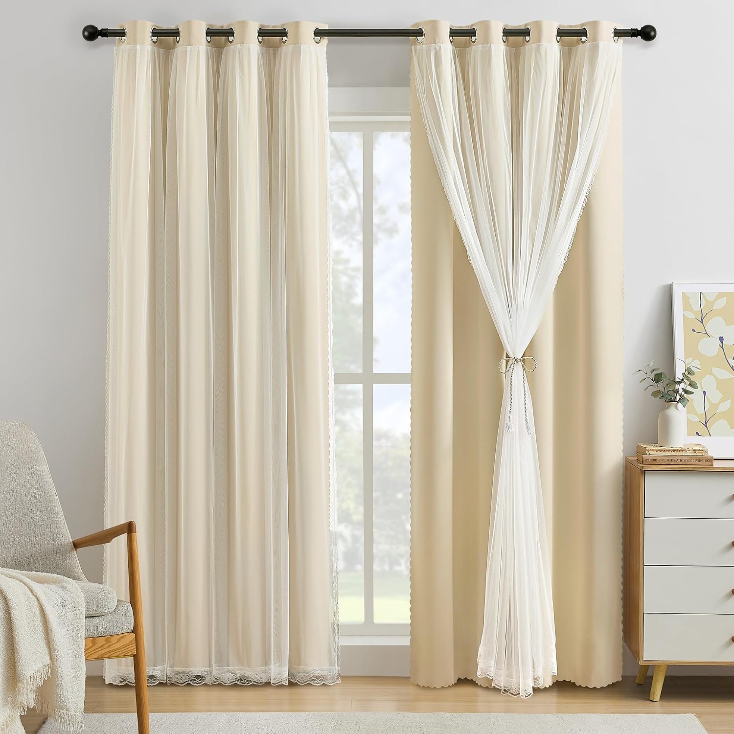 Beige Double Layer Window Drapes