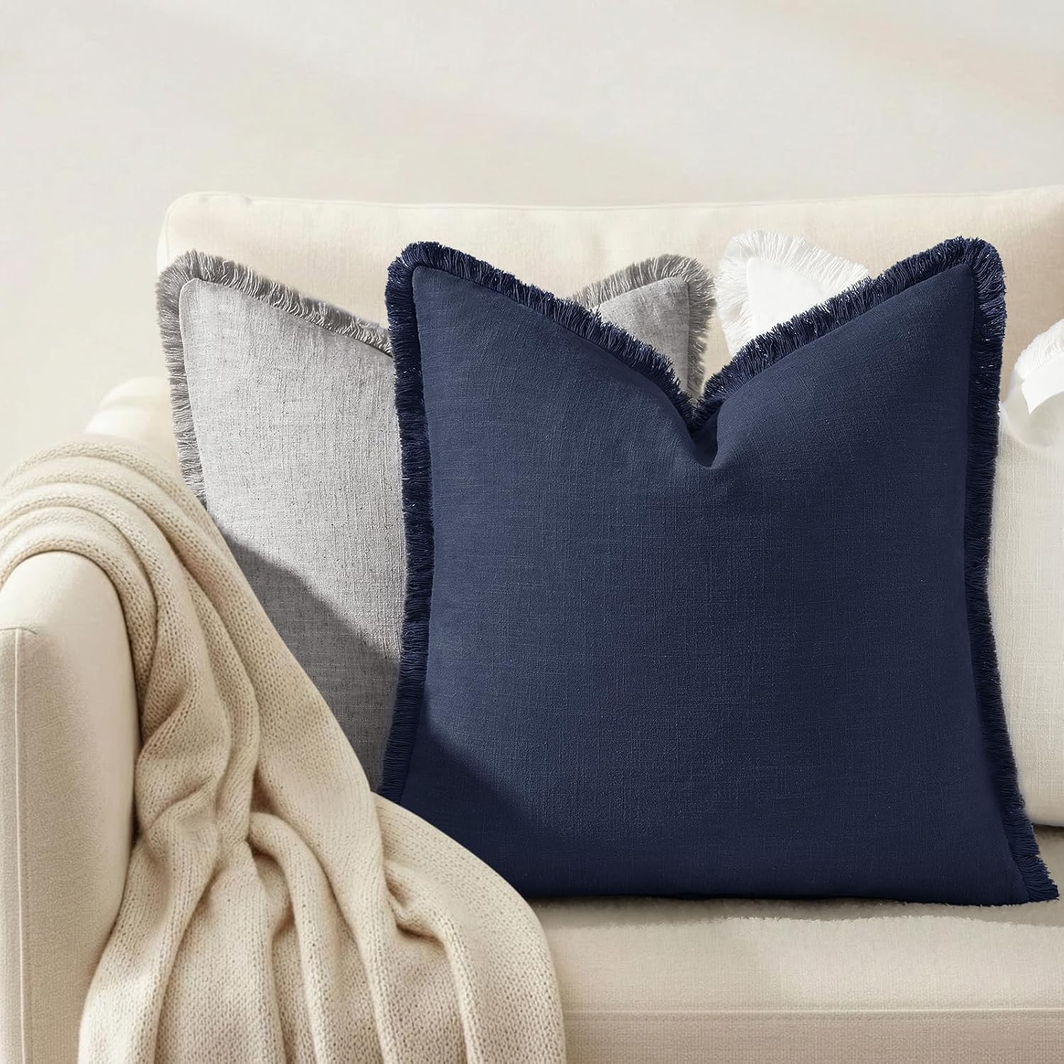 Navy Tassel Linen Pillow Covers
