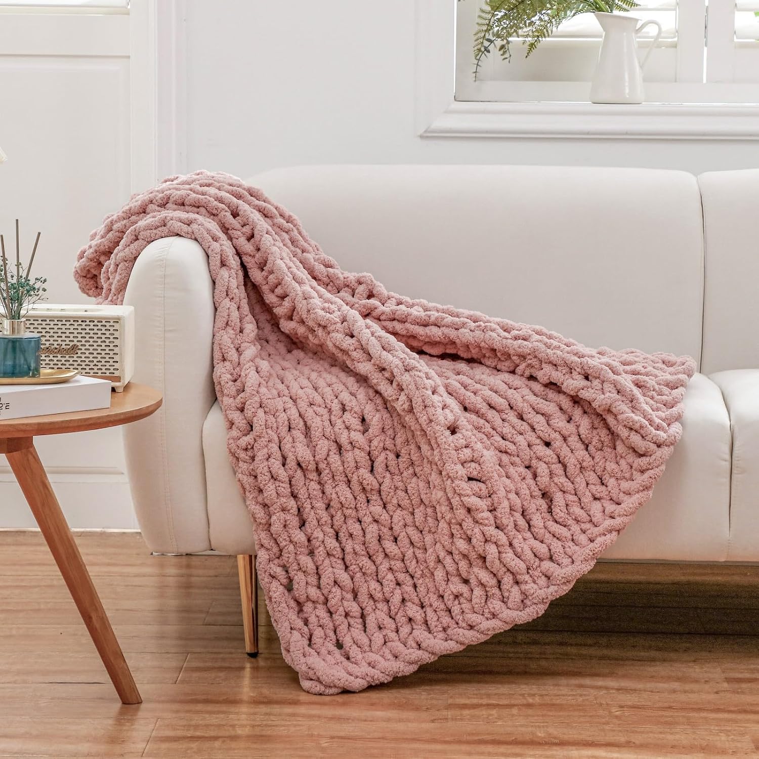 Pink Handmade Chenille Knit Blanket