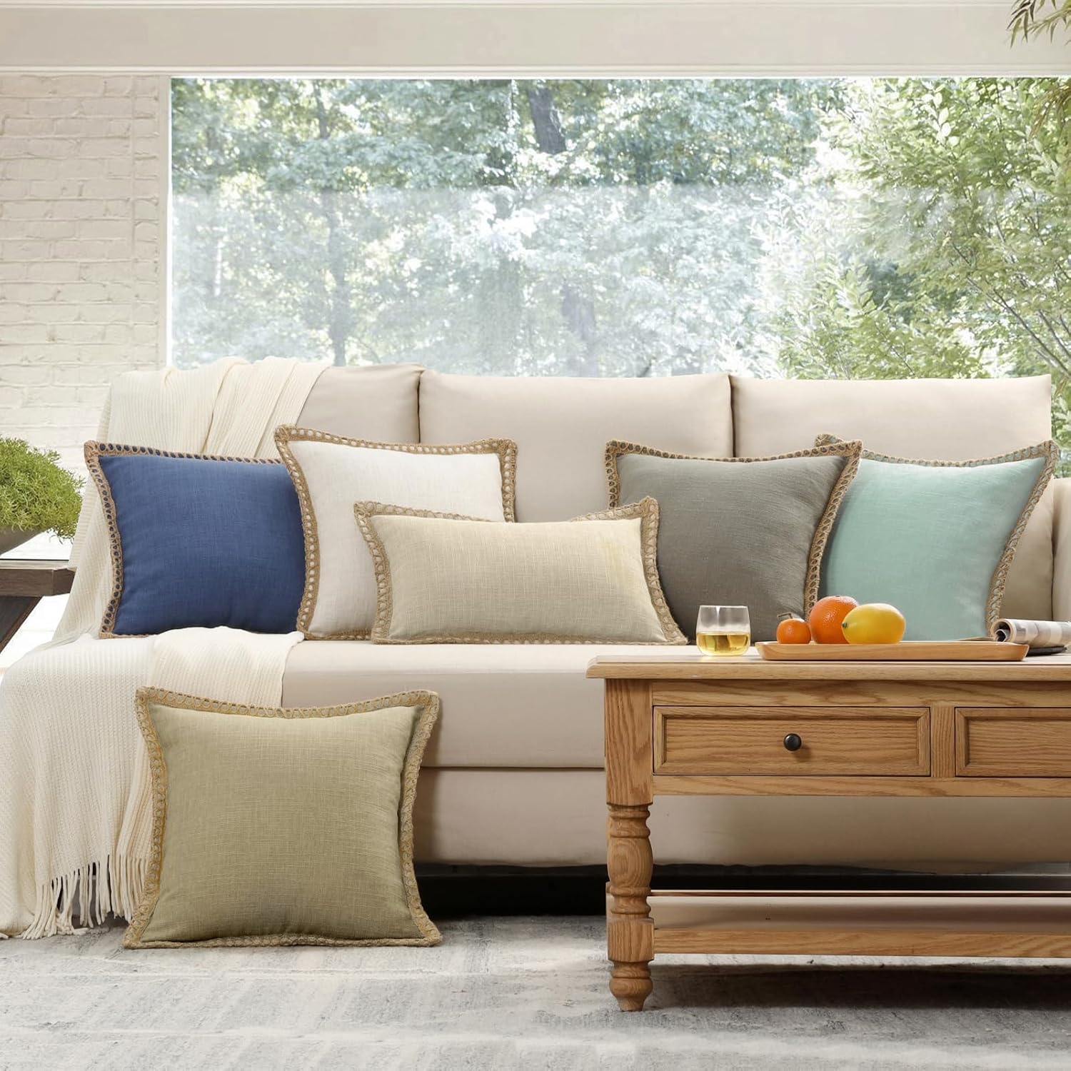 Coffee Trimmed Linen Pillow Covers