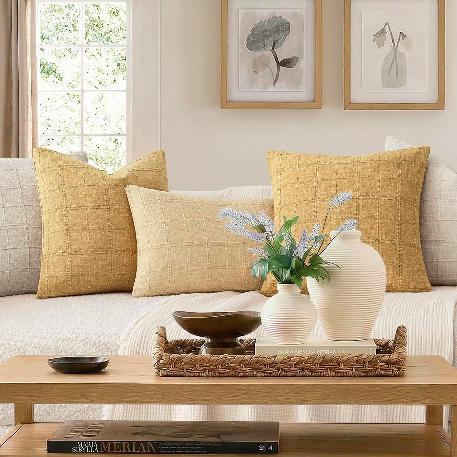 Amber Gold Check Linen Pillow Covers