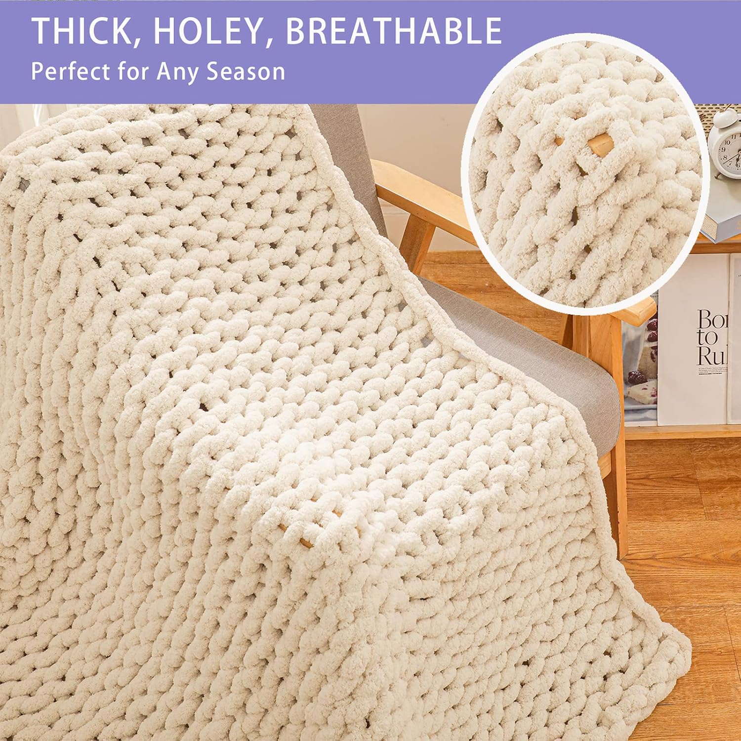Beige Jumbo Chenille Knit Throw Blanket