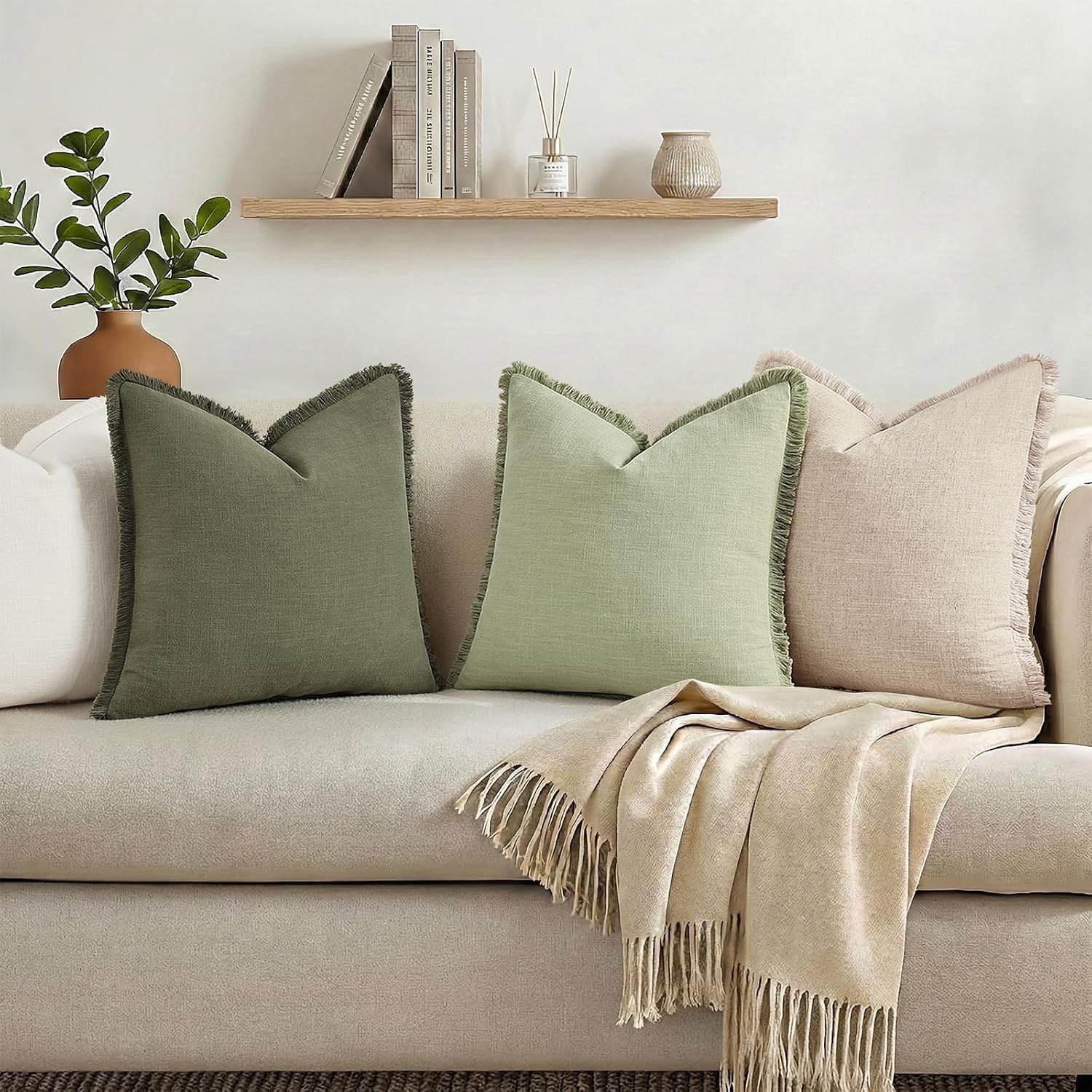 Sage Green Tassel Linen Pillow Covers