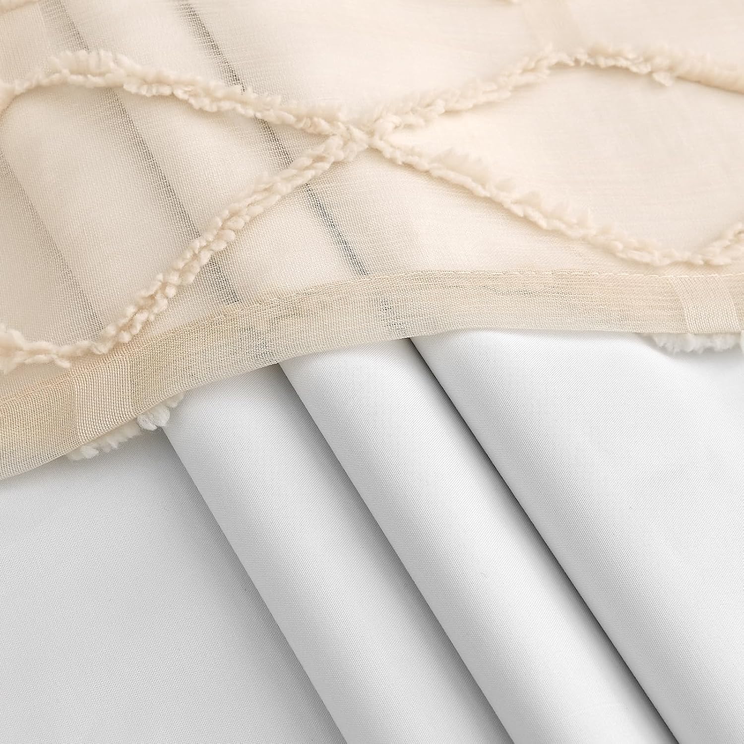 Beige Boho Pom Pom Layer Curtains