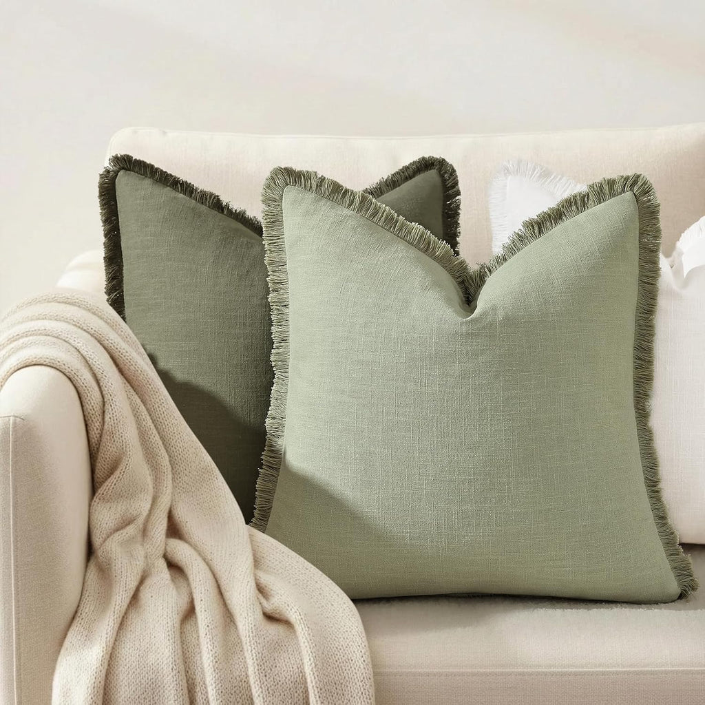 Sage Green Tassel Linen Pillow Covers