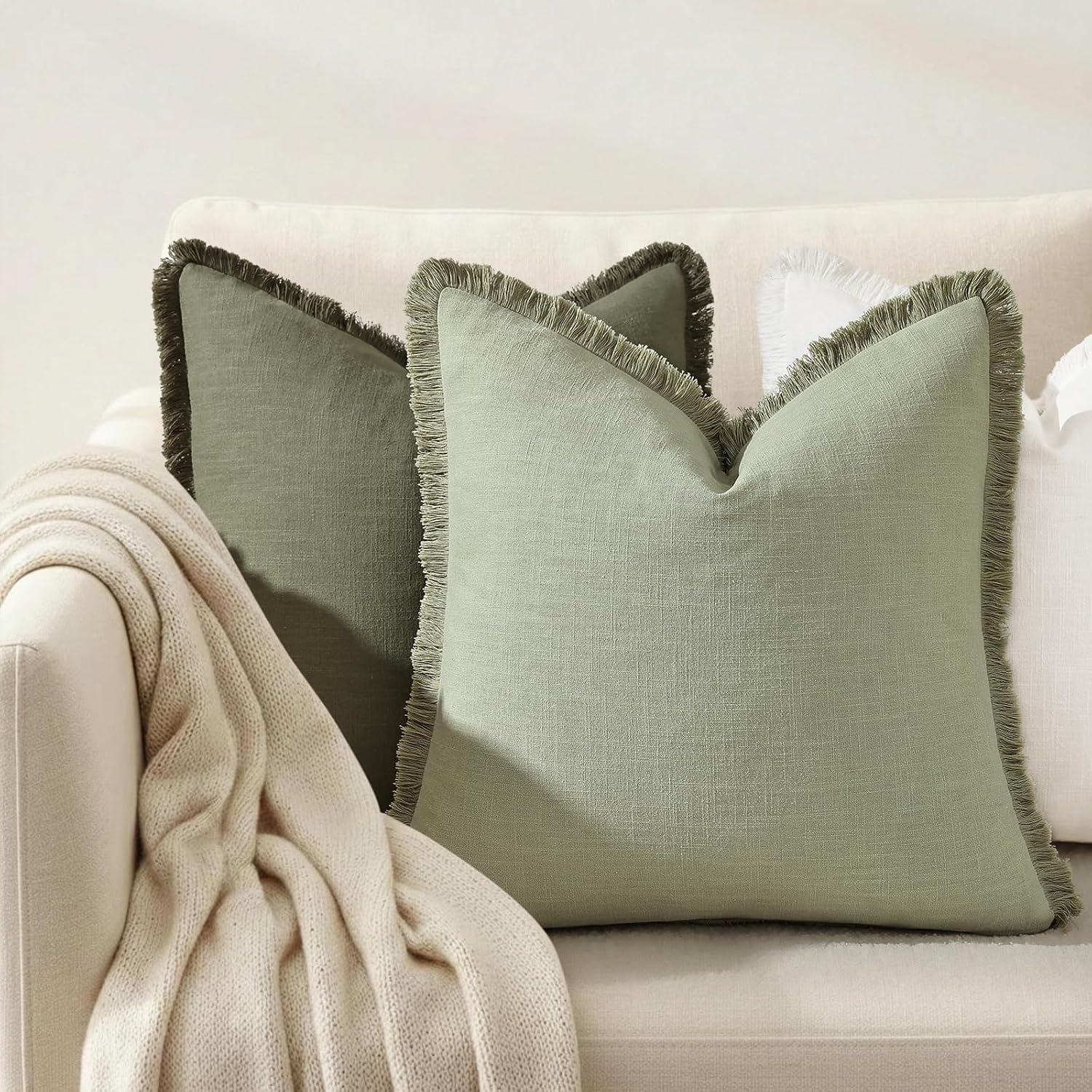 Sage Green Tassel Linen Pillow Covers
